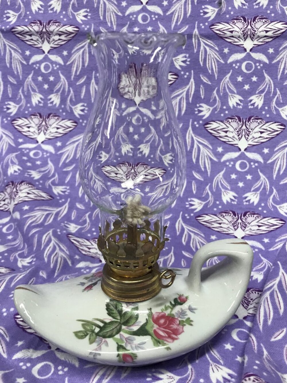 Porcelain Vintage Floral Finger Oil Lamp w/Glass Shade